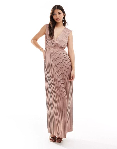 TFNC Bridesmaid satin pleated maxi dress in rose brown