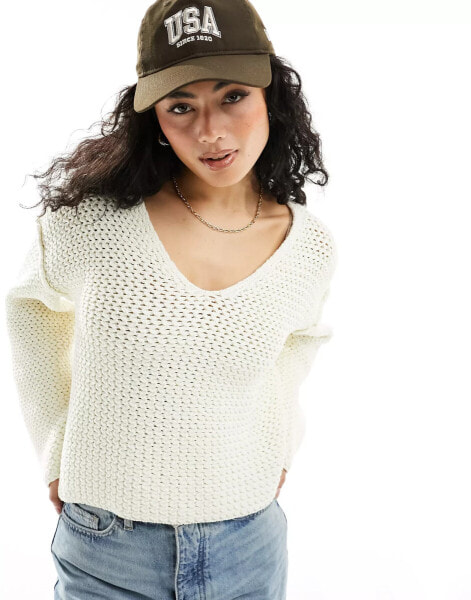 ASOS DESIGN v neck jumper in textured stitch in cream