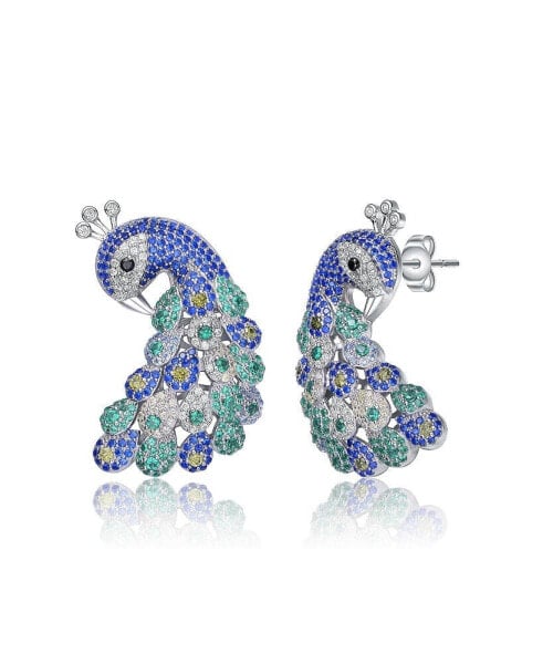 Sterling Silver White Gold Plated Sapphire and Emerald Cubic Zirconia "Peacock" Butterfly Earrings