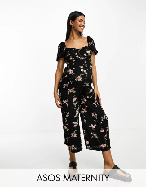 ASOS DESIGN Maternity milkmaid jumpsuit in floral print