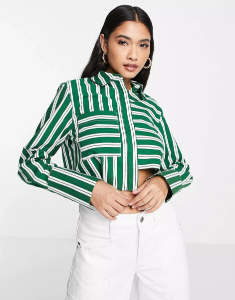 Topshop stripe poplin cropped shirt in green