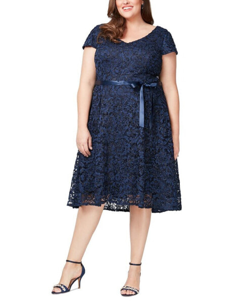 Plus Size Metallic Lace Cap-Sleeve Fit & Flare Dress