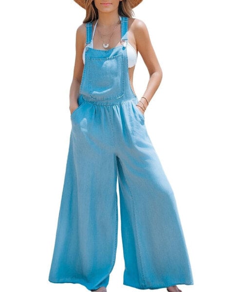 Women's Light Blue Buckle Loop Wide Leg Overalls