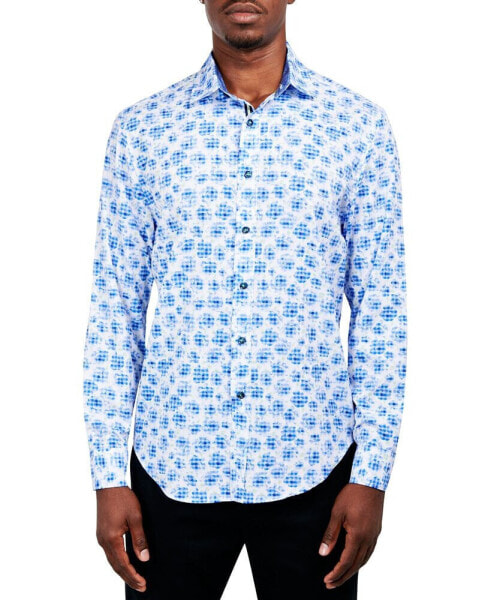 Men's Slim-Fit Performance Stretch Abstract Floral/Gingham Long-Sleeve Button-Down Shirt