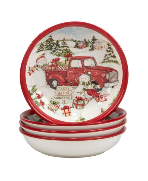 Red Truck Snowman 4 Piece Soup Bowl Set