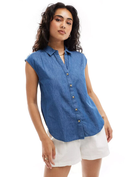 JDY short sleeve denim shirt in mid blue