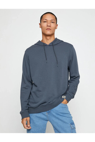 Basic Kapşonlu Sweatshirt Etiket Baskılı Uzun Kollu