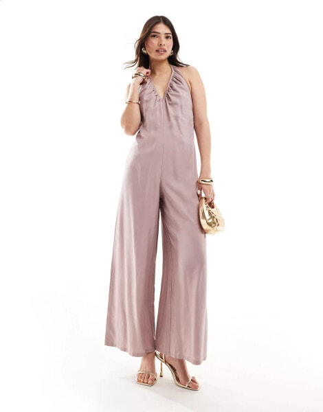 ASOS DESIGN plunge v neck halter jumpsuit in mauve