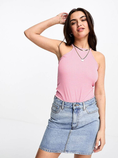 Vero Moda high neck cross back racer neck vest in pink stripe