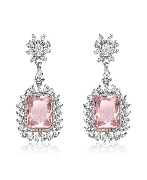 Sterling Silver with White Gold Plated Morganite Cushion with Clear Cubic Zirconia Halo Drop Earrings