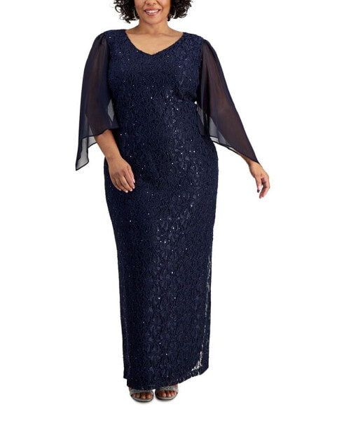 Plus Size Embellished 3/4-Sleeve Lace Gown