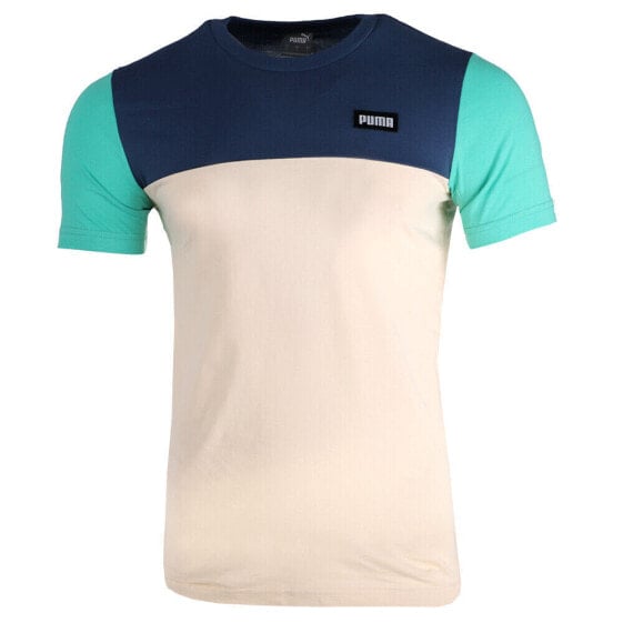 Puma Color Block Crew Neck Short Sleeve T-Shirt Mens Blue, Off White Casual Tops
