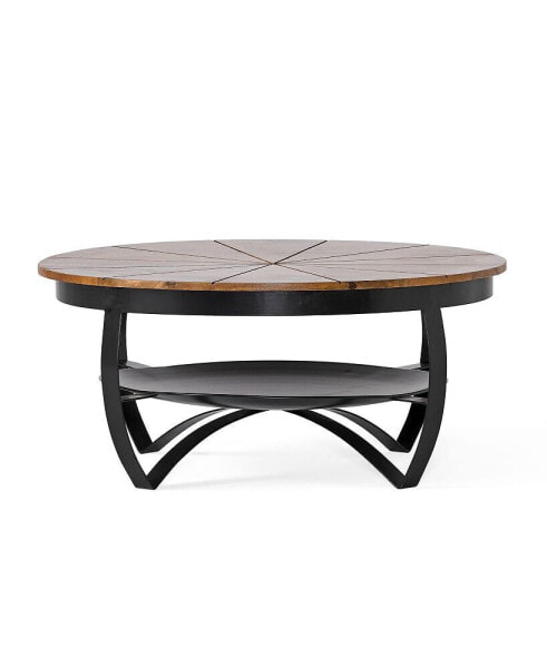 Modern Industrial Coffee Table with Etched Circular Mango Wood Top