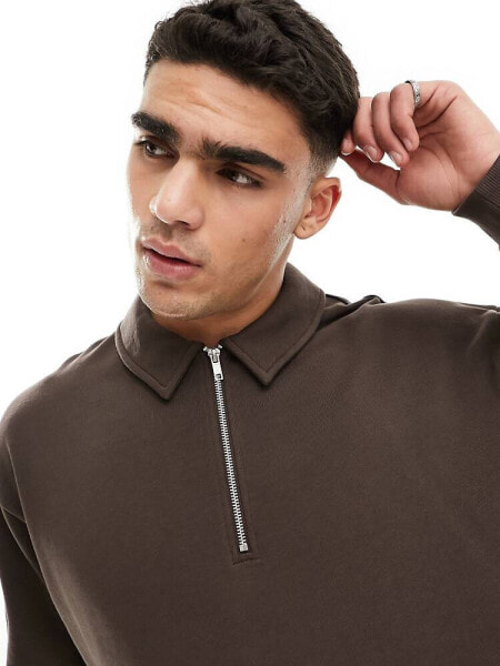 ASOS DESIGN oversized half zip sweatshirt with collar neck in brown