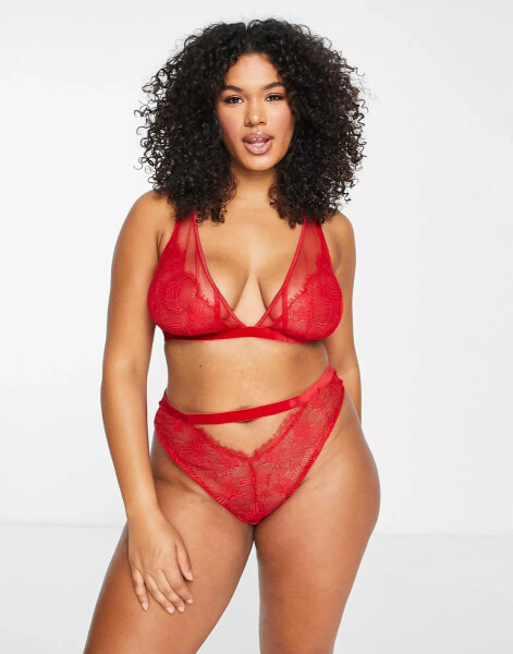 ASOS DESIGN Curve – Viv – Brasilianischer Slip aus Spitze und Netzstoff in Rot mit hoher Taille und Samtbesatz