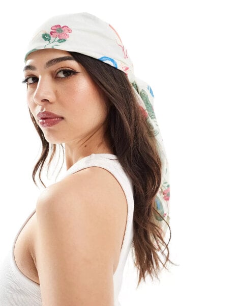 ASOS DESIGN postcard print headscarf in white