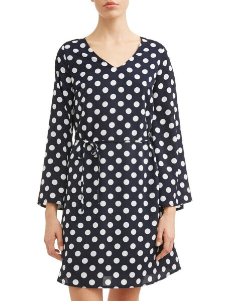 Love Sadie Womens Navy/White Polka Dot Bell Sleeve V-Neck A-Line Dress Size M