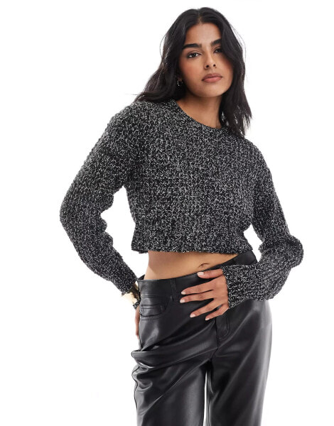 JJXX cropped boxy ribbed jumper in black marl