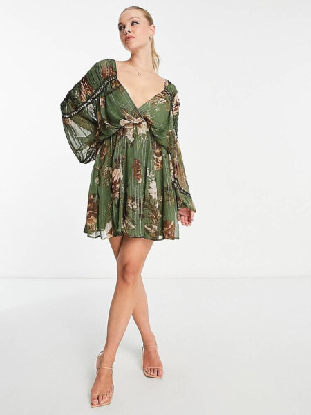 ASOS DESIGN wrap balloon sleeve mini dress with floral print in khaki green