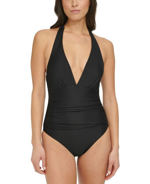 Women's One-Piece Ribbed Halter-Neck Plunge Swimsuit