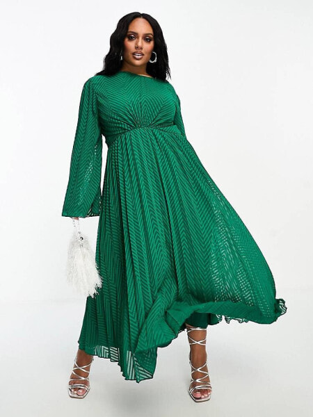 ASOS DESIGN Curve tie back fluted sleeve pleated chevron chiffon midi dress in green