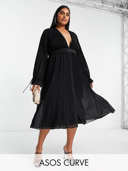 ASOS DESIGN Curve pleated blouson sleeve midi dress with belt detail in black