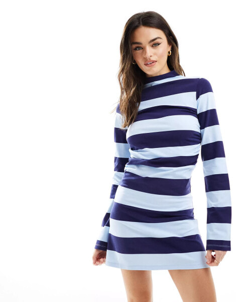 ASOS DESIGN grown on neck mini dress with long sleeve in navy stripe