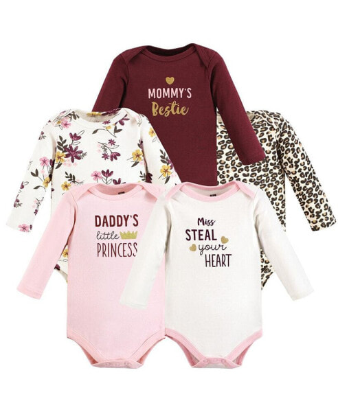 Baby Girls Cotton Long-Sleeve Bodysuits, Steal Your Heart, 5-Pack