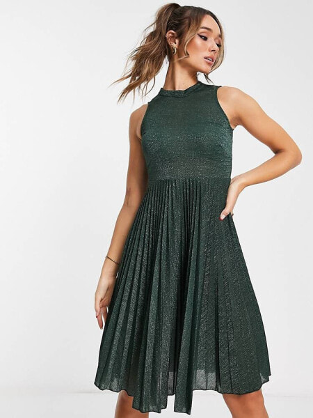 Closet London high neck pleated midi dress in metallic emerald