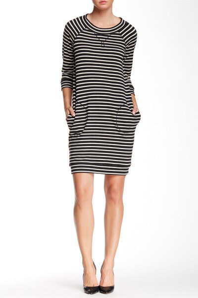 Max Studio Womens Casual Black/Ivory 3/4 Sleeve Striped Shift Dress Size X-Small