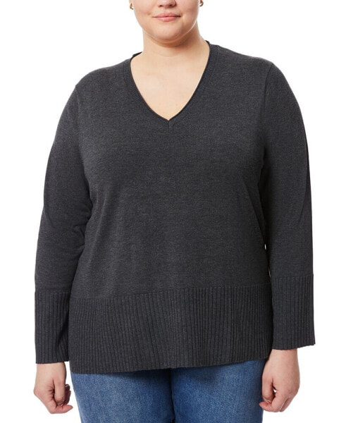 Plus Size Solid V-Neck High-Cuff Sweater