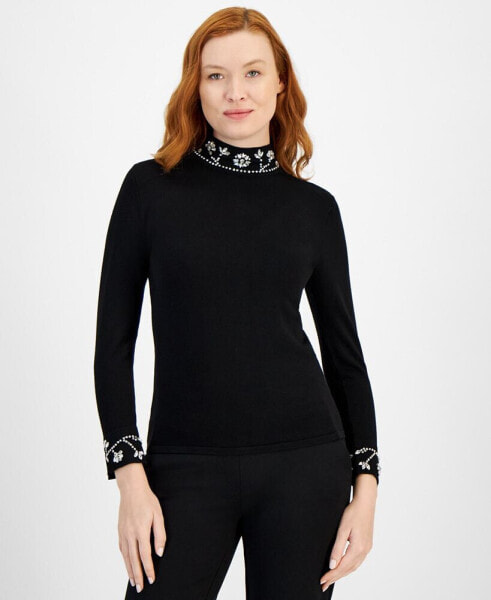 Women's Embellished Rhinestone-Detail Turtleneck Sweater