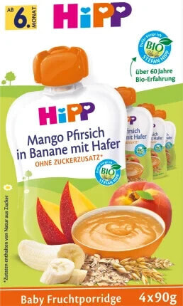 Quetschie Frucht-Porridge Mango-Pfirsich in Banane mit Hafer ab dem 6. Monat (4x90 g), 360 g