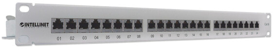 Intellinet Patch Panel - Cat6 - FTP - 24-Port - 1U - Shielded - 90° Top-Entry Punch-Down Blocks - Grey - IEEE 802.3 - IEEE 802.3ab - IEEE 802.3u - Fast Ethernet - Gigabit Ethernet - RJ-45 - Gold - Cat6 - F/UTP (FTP)