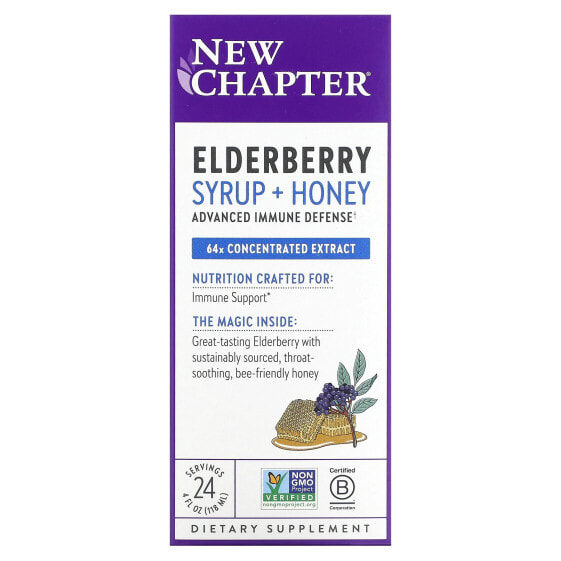 Сироп бузины с медом, 4 жидкие унции (118 мл) Elderberry Syrup + Honey, New Chapter