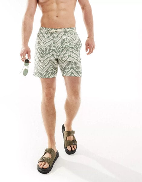 ASOS DESIGN swim shorts in short length in green geo print