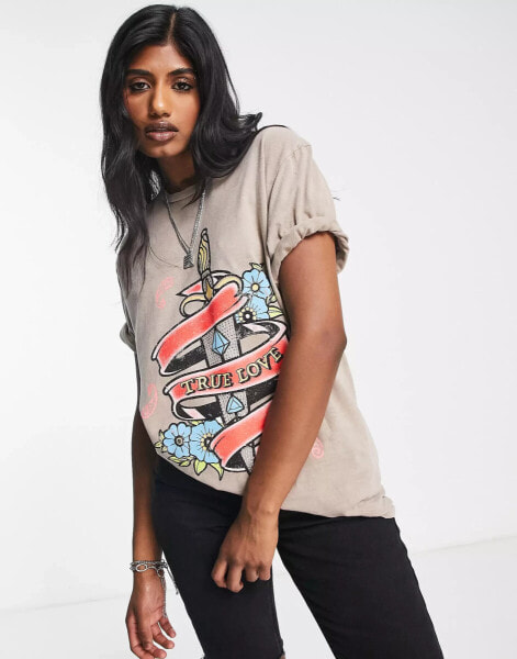 ASOS DESIGN graphic t-shirt with hot fix true love dagger in stone