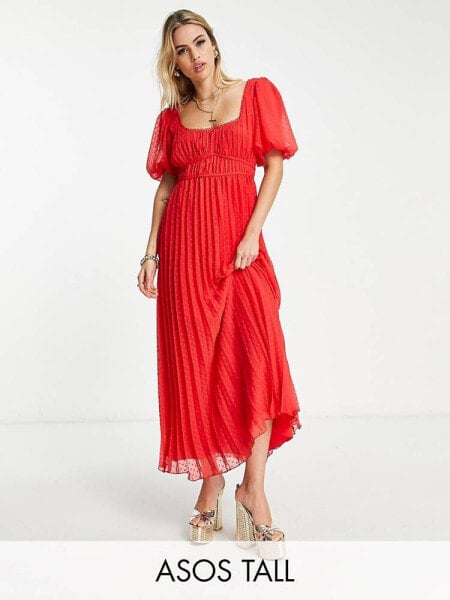 ASOS DESIGN Tall – Plissiertes Midikleid aus Dobby-Stoff in Rot mit Puffärmeln und Bogenkanten