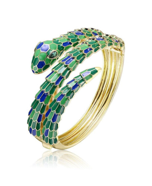 14k Yellow Gold Plated with Emerald Cubic Zirconia Green & Blue Enamel 3D Serpent Coiled Bypass Wrapped Bangle Bracelet