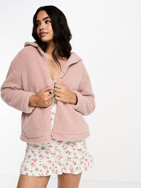 Urban Revivo short teddy bear jacket in pink