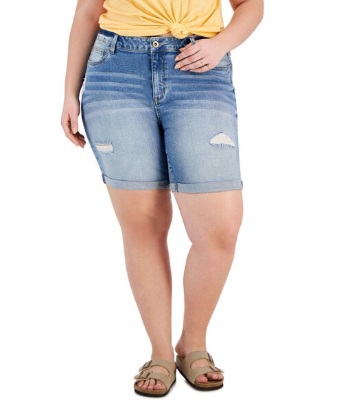 Trendy Plus Size Cuffed Denim Bermuda Shorts