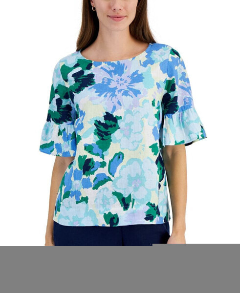 Women's 100% Linen Garden Blur Ruffled Top, Created for Macy's