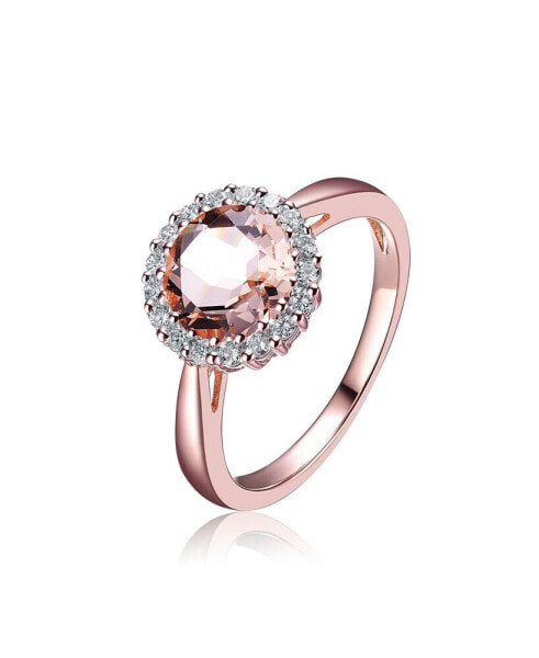 Sterling Silver with Rose Gold Plated Halo Round Morganite Pink Cubic Zirconia Solitaire Ring