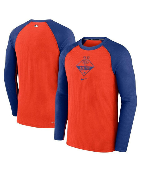 Мужская футболка Nike Гейм Аутентик Коллекшн Раглан с длинным рукавом в цветах Оранжевый и Королевский для Нью-Йорк Метс