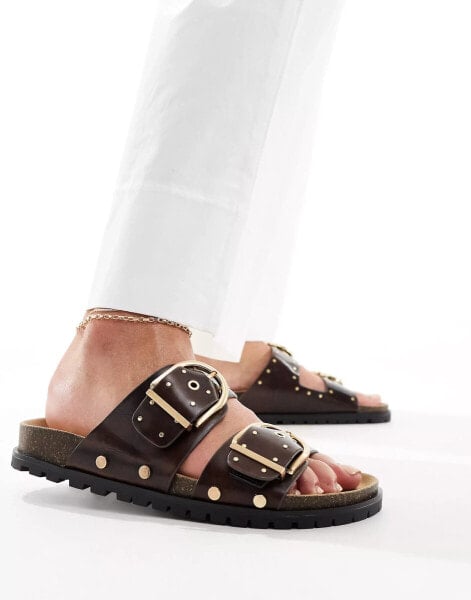 Stradivarius two strap sandal with stud detail in brown