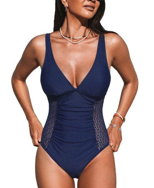 Women's Ruched Tummy Control Lace One Piece Swimsuit