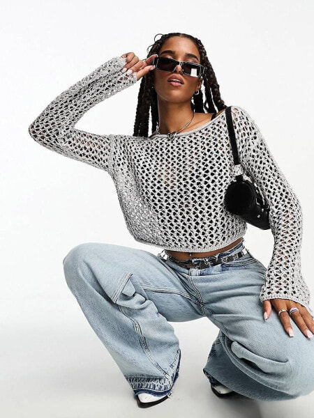 ASOS DESIGN metallic open knit slash knit top with angel sleeves in silver