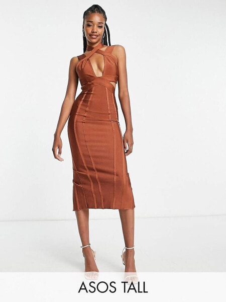 ASOS DESIGN Tall bodycon bandage midi dress with cut out in rust