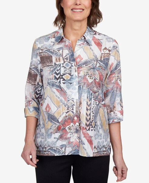 Petite Classics Eclectic Mixed Print Floral Button Down Top
