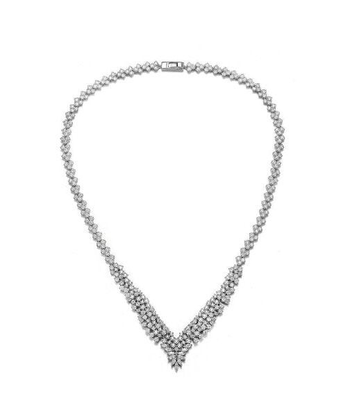 Exquisite Sterling Silver Clear Princess Cluster Necklace with White Gold Plating and Cubic Zirconia Accents